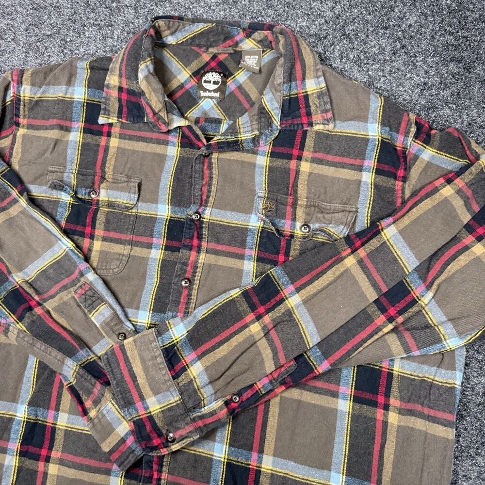 Timberland Plaid Flannel Shirt Brown Red Blue Yellow Button Up men’s XXL Grunge